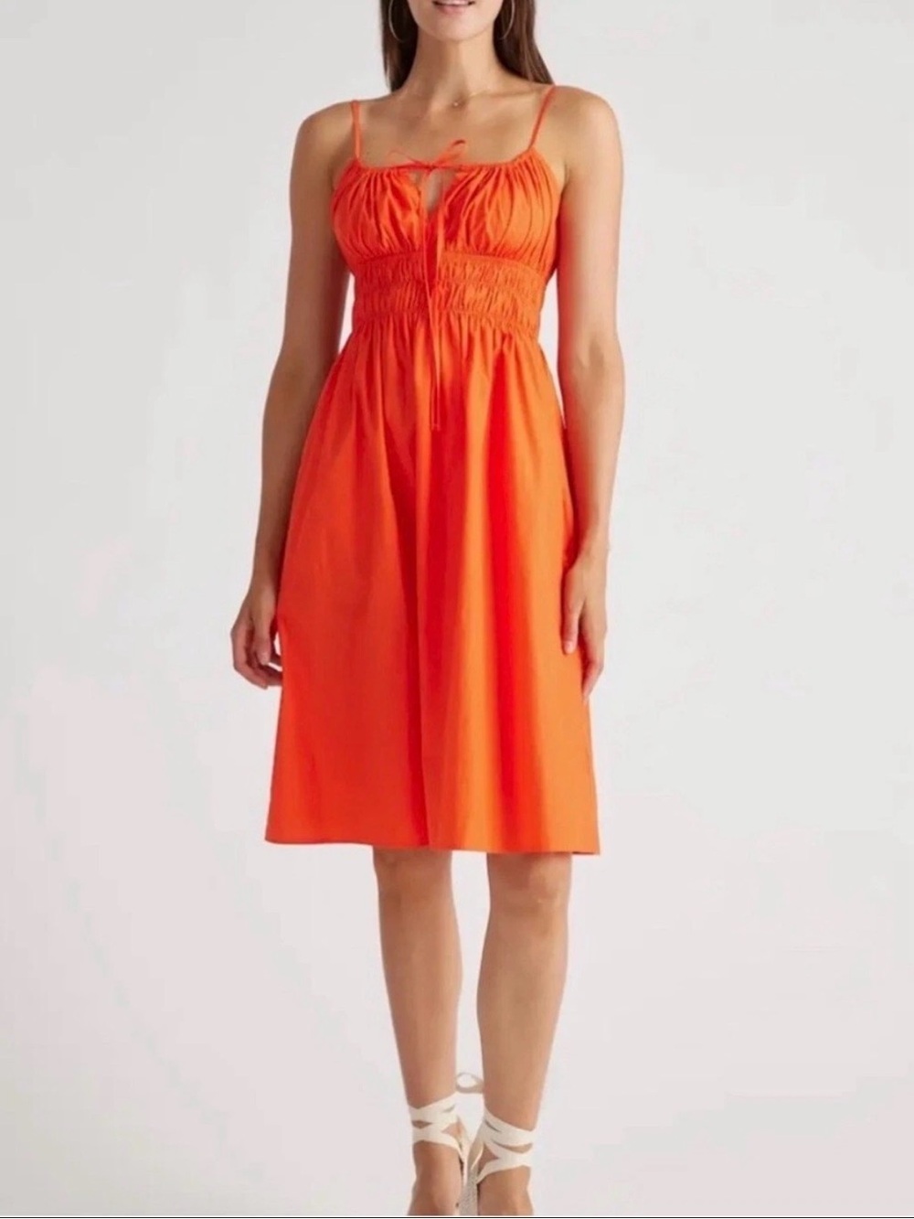 Quince Organic Cotton Keyhole Midi Dress Vermilion Red Smocked Waist Womens L